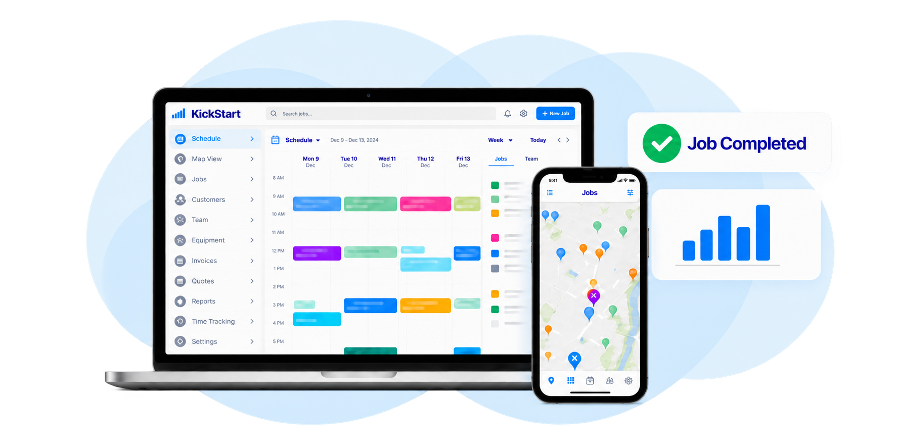 Kickstart scheduling mockup on a laptop with a mobile job map, Job Completed status and blue chart