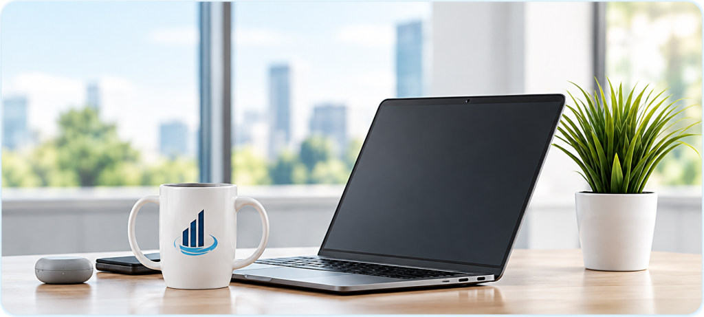Laptop and Kickstart branded mug on a bright office desk beside a plant