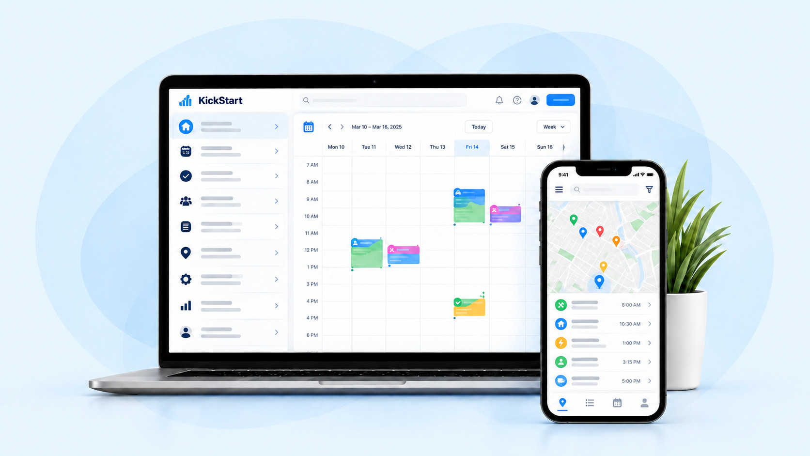 Kickstart scheduling mockup on a laptop with a smartphone showing job locations and service visits, alongside a plant